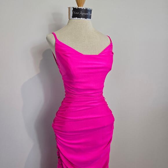 Jamie Formal Neon Pink Fitted Cowl Neck Mermaid Long Dress Sz XS (750) - Picture 7 of 11